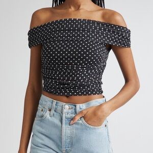 Alice + Olivia Black and White Polka Dot Off-Shoulder Crop Top